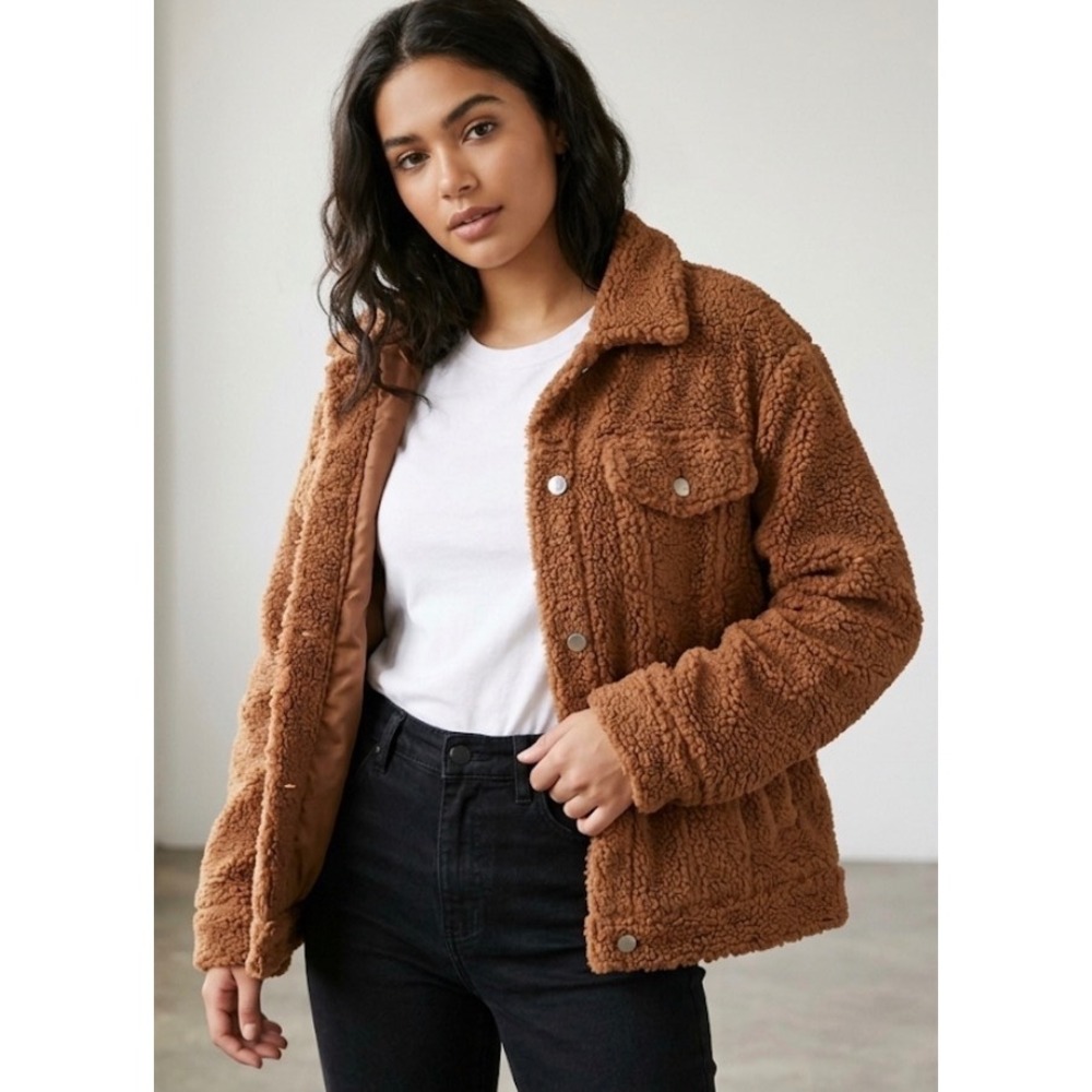 Forever 21 Brown Teddy Trucker Jacket Faux Shearling Fleece Coat Size Large